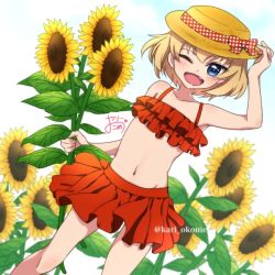Rule 34 | 10s, 1girl, ;d, adjusting clothes, adjusting headwear, artist name, bikini, bikini skirt, blonde hair, blue eyes, blue sky, bow, brown hat, commentary, day, dutch angle, fang, flower, frilled bikini, frills, girls und panzer, hat, hat bow, hat ribbon, holding, holding flower, kari okome, katyusha (girls und panzer), looking at viewer, navel, one eye closed, open mouth, outdoors, red bikini, red skirt, ribbon, short hair, signature, skirt, sky, smile, solo, standing, sun hat, sunflower, swimsuit, twitter username
