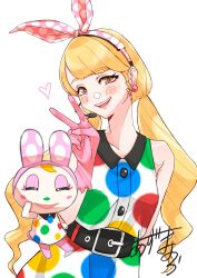 Rule 34 | absurdres, animal crossing, animal ears, belt, blonde hair, blush, bow headband, brown eyes, chrissy (animal crossing), dress, dual persona, furry, furry female, headband, highres, humanization, looking at viewer, low twintails, mai kitakami 1, nintendo, open mouth, personification, polka dot, polka dot dress, rabbit ears, rabbit girl, sleeveless, sleeveless dress, smile, twintails