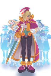 Rule 34 | androgynous, blonde hair, blue eyes, capcom, coat, elpizo (mega man), full body, gender request, gloves, headgear, highres, holding, holding sword, holding weapon, inti creates, kin niku, long hair, male focus, mega man (series), mega man zero (series), mega man zero 2, one eye covered, pink coat, sheath, sheathed, shoes, simple background, solo focus, spandex, standing, sword, weapon, white background, white gloves