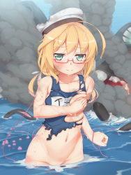 Rule 34 | 10s, 1girl, ahoge, bite mark, blonde hair, blush, bottomless, breast hold, breasts, covering privates, covering breasts, glasses, green eyes, groin, hair ribbon, hat, highres, i-8 (kancolle), kantai collection, long hair, looking at viewer, low twintails, medium breasts, name tag, navel, one-piece swimsuit, peaked cap, red-framed eyewear, ribbon, school swimsuit, smile, solo, swimsuit, tachimi (basue), torn clothes, torn swimsuit, twintails, wading, water, wet