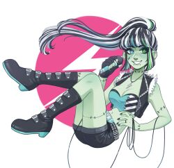 Rule 34 | 1girl, akrsta21, alternate costume, belt, black footwear, black gloves, black hair, black jacket, black nails, black shorts, blue eyes, blue hair, boots, colored skin, crop top, cropped jacket, frankie stein, gloves, green eyes, green hair, green skin, heterochromia, highres, holding, holding microphone, jacket, jewelry, knee boots, long hair, looking at viewer, microphone, midriff, monster high, multicolored hair, necklace, open clothes, open jacket, ponytail, short shorts, shorts, single glove, solo, white hair