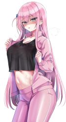 Rule 34 | 1girl, absurdres, aqua eyes, bocchi the rock!, cube hair ornament, gotoh hitori, hair ornament, hanasaka houcha, highres, jacket, long hair, looking at viewer, one side up, pants, pink hair, pink jacket, pink pants, simple background, solo, track jacket, track pants, white background