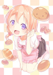 Rule 34 | 1girl, :d, apron, bad id, bad pixiv id, black skirt, blush, bread, breasts, checkered background, collarbone, commentary request, food, full body, gochuumon wa usagi desu ka?, hair bobbles, hair ornament, hand on own leg, hetareeji, highres, hoto cocoa, leaning forward, looking at viewer, low twintails, multicolored background, no shoes, open mouth, orange hair, outline, pink apron, purple eyes, red ribbon, ribbon, ruffling hair, seiza, shirt, short hair, short sleeves, sitting, skirt, small breasts, smile, socks, solo, twintails, white outline, white shirt, white socks