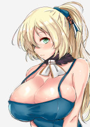 Rule 34 | 10s, 1girl, absurdres, alternate costume, alternate hairstyle, apron, arms at sides, atago (kancolle), bare shoulders, blonde hair, bow, breasts, green eyes, hair between eyes, hair bow, highres, huge breasts, kantai collection, lips, long hair, looking at viewer, naked apron, no bra, ponytail, sankakusui, simple background, sketch, solo, upper body