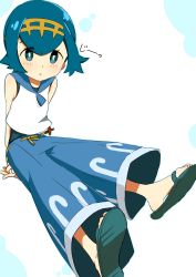 Rule 34 | 1girl, :o, absurdres, baggy pants, bare arms, bare shoulders, blue eyes, blue hair, blue one-piece swimsuit, blue pants, blue sailor collar, capri pants, creatures (company), crop top, flipped hair, game freak, hairband, highres, lana (pokemon), looking at viewer, matching hair/eyes, nintendo, noeru (pixiv6731088), one-piece swimsuit, open mouth, pants, pokemon, pokemon sm, sailor collar, sandals, short hair, simple background, sitting, solo, swimsuit, trial captain, white background