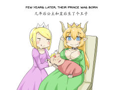 Rule 34 | 1boy, 2girls, :q, bad id, bad pixiv id, blonde hair, blush, bowsette, breasts, chair, chinese text, closed mouth, comic, crown, dress, english text, fang, fang out, green dress, greenteaneko, hair down, highres, holding, ips cells, jitome, large breasts, long hair, mario (series), mother and son, multiple girls, new super mario bros. u deluxe, nintendo, pointy ears, purple dress, red hair, simple background, simplified chinese text, smile, super crown, tongue, tongue out, white background, yuri