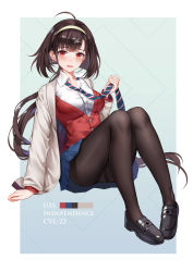 Rule 34 | 1girl, ahoge, arm support, azur lane, black footwear, black hair, black pantyhose, blue necktie, blue skirt, blush, breasts, character name, earrings, full body, grey jacket, hair ornament, hairband, hand up, highres, independence (azur lane), jacket, jewelry, knees up, lingye mikazuki, long hair, long sleeves, looking at viewer, low ponytail, medium breasts, miniskirt, necktie, open clothes, open jacket, open mouth, pantyhose, pleated skirt, red eyes, red vest, shirt, shoes, sitting, skirt, solo, star (symbol), star earrings, striped necktie, striped neckwear, thighs, very long hair, vest, white hairband, white shirt