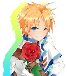 Rule 34 | 1boy, ;d, bad id, bad pixiv id, belt, blonde hair, blue eyes, eloosia, flower, gloves, gradient background, grin, lucian kaltz, male focus, one eye closed, open mouth, plant, red flower, red rose, rose, smile, solo, tales weaver, white background, white gloves, wink