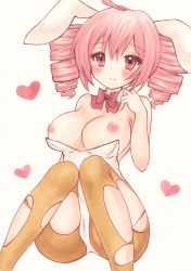 Rule 34 | 1girl, absurdres, ahoge, animal ears, blush, breasts, breasts out, collar, drill hair, fake animal ears, heart, highres, kasane teto, large breasts, leotard, looking at viewer, medium hair, nipples, no bra, pantyhose, playboy bunny, rabbit ears, red eyes, red hair, sitting, smile, solo, torn clothes, torn pantyhose, traditional media, twin drills, twintails, utau, waitan1729