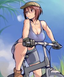 Rule 34 | 00s, 1girl, baseball cap, bespectacled, bicycle, bike shorts, blush, breasts, brown eyes, brown hair, cleavage, cloud, glasses, gloves, hat, large breasts, midriff, navel, aged up, outdoors, rozen maiden, shoes, short hair, sky, solo, souseiseki, sports bra, sweat, tsuda nanafushi