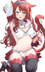 Rule 34 | 1girl, absurdres, animal ears, arm behind head, arm up, armpits, bare shoulders, black thighhighs, blue eyes, boots, bra, breast hold, breasts, cat ears, cat girl, cat tail, detached sleeves, facial mark, fang, final fantasy, final fantasy xiv, gloves, high heel boots, high heels, highres, hood, hood down, long hair, long sleeves, looking at viewer, medium breasts, miniskirt, miqo&#039;te, navel, open bra, open mouth, panties, red hair, red skirt, revealing clothes, showgirl skirt, skirt, sleeveless, smile, solo, stomach, string bra, tail, tail raised, thigh boots, thighhighs, thighs, tiara, toeless footwear, underwear, warrior of light (ff14), white bra, white gloves, white mage (final fantasy), white panties, yana mori
