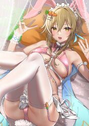 Rule 34 | 1girl, :d, absurdres, animal ears, arm strap, bare shoulders, bikini, blonde hair, carrot hair ornament, chumugi, commentary request, fake animal ears, feet out of frame, food-themed hair ornament, frilled hairband, frills, garter straps, genshin impact, hair between eyes, hair ornament, hairband, hands up, highres, long hair, looking at viewer, lumine (genshin impact), open mouth, pink bikini, rabbit ears, smile, solo, swimsuit, thighhighs, v, w, white thighhighs, yellow eyes