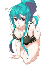 Rule 34 | 1girl, alternate costume, arm support, bad id, bad pixiv id, bare shoulders, breasts, camisole, cleavage, collarbone, full body, green hair, hair flip, hair tubes, hanging breasts, kneeling, leaning forward, long hair, looking at viewer, mouth hold, nail polish, nemori, ponytail, red eyes, ribbon, ribbon in mouth, sidelocks, sleeveless, soccer spirits, solo, thigh gap, uriel (soccer spirits), wristband