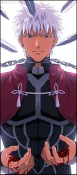 Rule 34 | 1boy, akujiki59, alternate hairstyle, archer (fate), armor, artist name, black border, bleeding, blood, border, breastplate, brown eyes, chain, chained, chain, closed mouth, collar, covered abs, dark skin, dark-skinned male, fate/stay night, fate (series), long sleeves, looking at viewer, male focus, manly, pointing weapon, smile, solo focus, sword, upper body, weapon, white background, white hair