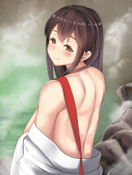 Rule 34 | 10s, 1girl, akagi (kancolle), back, blush, brown eyes, brown hair, clothes down, from behind, hair between eyes, hakama, hakama skirt, highres, japanese clothes, kantai collection, long hair, looking at viewer, looking back, onsen, outdoors, skirt, smile, solo, steam, straight hair, undressing, untue, upper body
