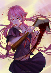 Rule 34 | 1girl, axe, blood, blood on face, bloody weapon, eva solo, eyeliner, gasai yuno, highres, lips, long hair, makeup, mirai nikki, pink eyes, pink hair, red eyes, school uniform, skirt, solo, twintails, weapon, yandere