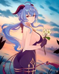 Rule 34 | 1girl, absurdres, ahoge, ass, back, bare arms, bare back, bell, black gloves, black leotard, black pantyhose, blue hair, breasts, closed mouth, cowboy shot, curled horns, detached collar, floating hair, flower, from behind, ganyu (genshin impact), genshin impact, gloves, goat horns, hair between eyes, highres, holding, holding flower, horns, large breasts, leotard, long hair, looking at viewer, looking back, neck bell, pantyhose, qingxin flower, red eyes, sideboob, sidelocks, sky, solo, sunset, tassel, thighlet, truejekart, water
