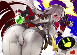 Rule 34 | 1girl, ahoge, arc system works, ass, bodysuit, breasts, cameltoe, candy, familiar, food, from behind, gloves, grin, guilty gear, guilty gear xrd, guilty gear xrd: revelator, halo, hyocorou, jack-o&#039; valentine, large breasts, leaning, leaning forward, lollipop, long hair, looking at viewer, looking back, mask, multicolored hair, platinum blonde hair, red eyes, red hair, sideboob, skin tight, smile, two-tone hair, very long hair