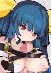 Rule 34 | 1boy, 1girl, absurdres, bar censor, bare shoulders, belt, blue hair, grabbing another&#039;s breast, breasts, censored, choker, cleavage, collarbone, detached collar, detached sleeves, dizzy (guilty gear), grabbing, guilty gear, guilty gear xrd, hair ornament, hair ribbon, hair rings, hand on own chest, hetero, highres, kitami tsuzuka, large breasts, long hair, looking down, nipples, paizuri, paizuri under clothes, penis, red eyes, ribbon, solo focus, twintails, upper body, yellow ribbon
