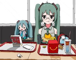 Rule 34 | 1girl, ahoge, aiu404l, aqua hair, aqua necktie, backpack, bag, bare shoulders, bespectacled, big mac, black skirt, black sleeves, blush stickers, brown eyes, burger, character name, cup, detached sleeves, disposable cup, eating, facing viewer, food, french fries, full mouth, glasses, green hair, green necktie, grey shirt, hair ornament, hairclip, happy meal, hatsune miku, headphones, highres, holding, holding food, indoors, jitome, long hair, mcdonald&#039;s, necktie, open mouth, out of frame, receipt, restaurant, shirt, shoulder tattoo, sitting, sketch, skirt, sleeveless, sleeveless shirt, smile, solid oval eyes, solo, table, tattoo, tray, twintails, very long hair, vocaloid