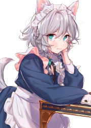 Rule 34 | 1girl, absurdres, animal ears, apron, aqua eyes, arm rest, black ribbon, blue dress, blush, bow, braid, closed mouth, commentary, dog ears, dog tail, dress, fangs, green bow, grey hair, hair between eyes, hair bow, hair ribbon, hand on own cheek, hand on own face, head rest, highres, izayoi sakuya, long sleeves, looking at viewer, looking to the side, maid, maid apron, maid headdress, masanaga (tsukasa), medium hair, neck ribbon, ribbon, simple background, solo, symbol-only commentary, table, tail, touhou, tress ribbon, twin braids, upper body, white background