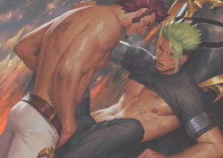 Rule 34 | 2boys, abs, achilles (fate), bara, bare pectorals, belt, black pants, black shirt, brown belt, brown hair, clothes lift, facial hair, fate/grand order, fate (series), goatee, green hair, large pectorals, long sideburns, looking at another, male focus, multiple boys, muscular, muscular male, napoleon bonaparte (fate), navel, nipples, open mouth, paid reward available, pants, pectorals, penguin frontier, shirt, shirt lift, short hair, sideburns, smile, spiked hair, topless male, white pants, yaoi