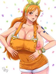Rule 34 | 1girl, breasts, cleavage, highres, huge breasts, large areolae, large breasts, mikanberry, nami (one piece), nipples, one piece, orange hair, overalls, puffy nipples, solo, tattoo