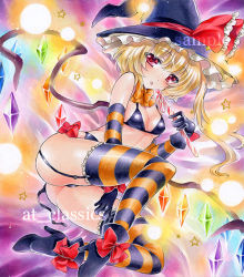 Rule 34 | 1girl, alternate costume, alternate headwear, at classics, blonde hair, candy, candy cane, flandre scarlet, food, garter straps, halloween, hat, looking at viewer, marker (medium), red eyes, sample watermark, short hair, side ponytail, solo, striped clothes, striped thighhighs, thighhighs, touhou, traditional media, underwear, underwear only, watermark, wings, witch hat