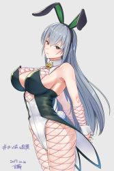 Rule 34 | 1girl, animal ears, arms behind back, artist name, bad id, bad pixiv id, bare shoulders, bow, bowtie, breasts, brown eyes, covered erect nipples, dated, detached collar, fake animal ears, fishnet pantyhose, fishnets, from side, grey hair, highres, idolmaster, idolmaster cinderella girls, large breasts, leotard, long hair, looking at viewer, pantyhose, playboy bunny, rabbit ears, rabbit tail, sideboob, solo, tail, takamine noa, wrist cuffs, yoshiwa tomo