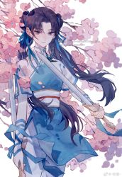 Rule 34 | 1girl, black hair, blue dress, bug, butterfly, cherry blossoms, closed mouth, commission, daylight919, double bun, dress, dual wielding, expressionless, hair bun, hair tie, highres, holding, holding sword, holding weapon, insect, long hair, reverse grip, solo, sword, twintails, upper body, watermark, weapon, white background, xianjian qixia zhuan, zhao linger