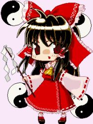 Rule 34 | 1girl, ascot, bow, brown eyes, brown hair, chibi, detached sleeves, dress, female focus, full body, gohei, hair bow, hair ornament, hakurei reimu, japanese clothes, long hair, lowres, miko, open mouth, pixel art, qvga, solo, touhou, yakumo kuroo, yin yang