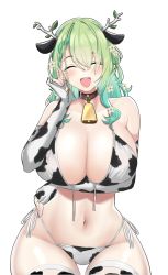 Rule 34 | 1girl, animal ears, animal print, antlers, bare shoulders, bell, bikini, braid, braided bangs, breasts, ceres fauna, cleavage, closed eyes, collar, cow ears, cow print, cow print bikini, cowbell, desspie, earrings, fingerless gloves, flower, gloves, hair flower, hair ornament, highres, hololive, hololive english, horns, jewelry, large breasts, navel, open mouth, print bikini, qilin (mythology), simple background, smile, solo, string bikini, swimsuit, thighhighs, virtual youtuber, white background, wide hips