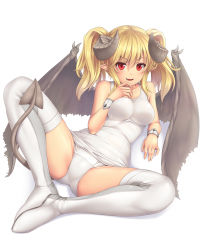 Rule 34 | 1girl, blonde hair, boots, breasts, cameltoe, demon girl, demon horns, demon tail, demon wings, fang, female focus, full body, horns, knees apart feet together, looking at viewer, old school swimsuit, one-piece swimsuit, open mouth, original, pointy ears, red eyes, sasaame, school swimsuit, short hair, simple background, slit pupils, smile, solo, spread legs, swimsuit, tail, thigh boots, thighhighs, twintails, white background, white one-piece swimsuit, white school swimsuit, white theme, white thighhighs, wings, wrist cuffs