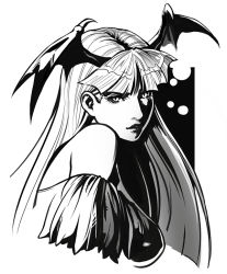 Rule 34 | 1girl, bare shoulders, bat wings, breasts, commentary request, cropped torso, from side, greyscale, head wings, large breasts, long hair, looking at viewer, looking to the side, monochrome, morrigan aensland, parted lips, shuichi wada, slit pupils, solo, vampire (game), wings