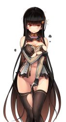 Rule 34 | 1girl, black gloves, black hair, black thighhighs, blush, breast hold, breasts, cleavage, elbow gloves, fingerless gloves, frown, gloves, hair ornament, highres, long hair, looking at viewer, messy (efuya), navel, open clothes, orange eyes, simple background, smoke, solo, tears, thighhighs, torn clothes, underboob, white background, wide hips