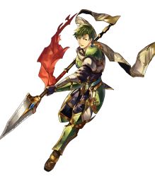 Rule 34 | 1boy, abel (fire emblem), armor, boots, fingerless gloves, fire emblem, fire emblem: mystery of the emblem, fire emblem heroes, full body, gloves, green armor, green eyes, green hair, highres, male focus, nintendo, official art, open mouth, polearm, solo, spear, teeth, transparent background, weapon