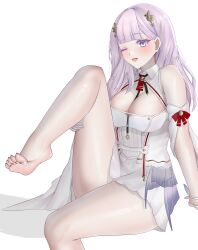 Rule 34 | 1girl, absurdres, azur lane, barefoot, blush, breasts, cleavage, feet, highres, large breasts, long hair, looking at viewer, one eye closed, open mouth, plymouth (azur lane), purple hair, seyrensophia, soles, solo, toes