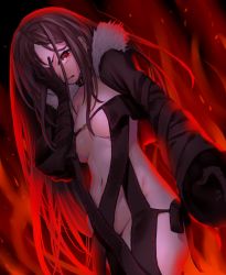 Rule 34 | 1girl, black dress, breasts, brown hair, center opening, choker, closed mouth, collarbone, commentary request, dress, fate/grand order, fate (series), fiery background, fire, fur trim, gloves, hand on own face, highres, jewelry, long hair, medium breasts, navel, onsoku inu, red eyes, solo, strapless, strapless dress, very long hair, yu mei-ren (fate)