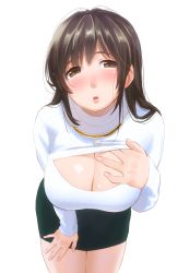 Rule 34 | 1girl, :o, bad id, bad pixiv id, black skirt, blush, breasts, brown eyes, brown hair, cleavage cutout, clothing cutout, cowboy shot, hand on own chest, highres, jewelry, kamiyama aya, large breasts, leaning forward, legs together, lips, long sleeves, looking at viewer, meme attire, miniskirt, necklace, nose blush, open-chest sweater, open mouth, puckered lips, ribbed sweater, shiny skin, simple background, skirt, smile, solo, standing, sweater, turtleneck, white background