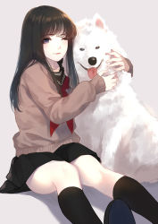 Rule 34 | 1girl, black footwear, black hair, black skirt, black socks, brown sweater, caidychen, closed mouth, collarbone, commentary, dog, english commentary, feet out of frame, grey hair, highres, hug, kneehighs, knees together feet apart, lips, long hair, neckerchief, on ground, one eye closed, open mouth, pleated skirt, purple eyes, red neckerchief, samoyed (dog), school uniform, serafuku, sitting, skirt, smile, socks, solo, straight hair, sweater, tongue, tongue out, white fur