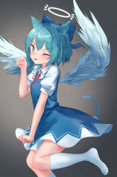 Rule 34 | 1girl, :p, angel wings, animal ears, blue bow, blue dress, blue eyes, blue hair, bow, breasts, cat ears, cat tail, cirno, clenched hand, commentary request, dress, feet out of frame, grey background, hair between eyes, hair bow, halo, hand up, highres, kemonomimi mode, kneehighs, leg up, looking at viewer, neck ribbon, no shoes, one eye closed, paw pose, pinafore dress, puffy short sleeves, puffy sleeves, red ribbon, ribbon, roke (taikodon), shirt, short hair, short sleeves, sleeveless dress, small breasts, smile, socks, solo, tail, thighs, tongue, tongue out, touhou, white shirt, white socks, wings