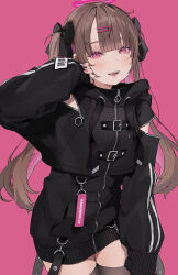 Rule 34 | 1girl, :d, absurdres, barcode, black jacket, black nails, black thighhighs, bow, brown hair, daluto (hitomi555), hair bow, hair ornament, hairclip, halo, highres, jacket, long hair, looking at viewer, multicolored nails, nail polish, open mouth, original, pink background, pink eyes, pink nails, simple background, smile, solo, thighhighs, twintails, zipper