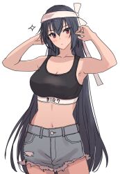 Rule 34 | 1girl, alternate costume, armpits, arms up, black bra, black hair, bra, commentary request, cowboy shot, cutoffs, grey shorts, headband, highres, kantai collection, kasumi (skchkko), long hair, looking at viewer, midriff, nagato (kancolle), navel, red eyes, shorts, simple background, solo, sports bra, underwear, very long hair, white background, white headband