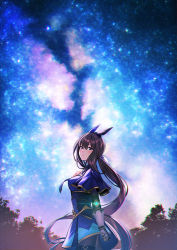Rule 34 | 1girl, admire vega (umamusume), animal ears, arm at side, black legwear, blue dress, breasts, brown hair, capelet, cowboy shot, dress, from side, galaxy, gloves, glowing, hand on own chest, horse ears, horse girl, horse tail, long hair, looking at viewer, looking to the side, medium breasts, ponytail, solo, tail, thigh strap, tree, umamusume, unowen, white gloves