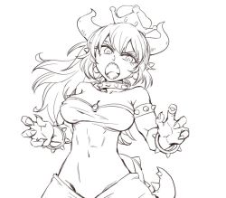 Rule 34 | 1girl, armlet, bowsette, bracelet, breasts, cleavage, crown, fingernails, greyscale, head tilt, horns, jewelry, long hair, mario (series), monochrome, navel, nintendo, pointy ears, sharp fingernails, simple background, sketch, solo, spiked armlet, spiked bracelet, spikes, super crown