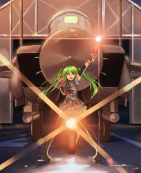 Rule 34 | 1girl, aircraft, airplane, belt, boots, f-15, f-15 eagle, fighter jet, fingerless gloves, gloves, green eyes, green hair, hair ornament, hair ribbon, hairclip, hatsune miku, jet, matching hair/eyes, military, military vehicle, necktie, night, pigeon-toed, ribbon, silent sakia, skirt, solo, thigh boots, thighhighs, twintails, vocaloid