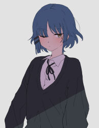 Rule 34 | 1girl, black sweater, blue hair, bocchi the rock!, closed mouth, collared shirt, highres, long sleeves, looking at viewer, mole, mole under eye, mosa 1120, neck ribbon, one eye closed, ribbon, school uniform, shimokitazawa high school uniform, shirt, short hair, solo, sweater, upper body, white shirt, yamada ryo, yellow eyes