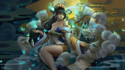 Rule 34 | 1girl, alternate hair color, aoandon, artist name, bare shoulders, black hair, blue butterfly, blue eyes, blue fire, blue lips, blue nails, blunt bangs, book, breasts, bug, butterfly, cleavage, cloud, fire, hair ornament, insect, jewelry, lantern, long hair, nail polish, necklace, onmyoji, open book, scroll, solan, storyteller aoandon, very long hair, watermark, web address, wide sleeves
