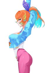 Rule 34 | 1girl, absurdres, arms up, blue hair, blue shirt, blush, breasts, closed mouth, crop top, from side, high ponytail, highres, hololive, hololive english, large breasts, leotard, looking at viewer, multicolored hair, official alternate costume, official alternate hairstyle, orange hair, pantyhose, pink pantyhose, ponytail, profile, purple eyes, shirt, simple background, smile, solo, streaked hair, stretching, takanashi kiara, takanashi kiara (7th costume), tented shirt, virtual youtuber, white background, white leotard, younhand