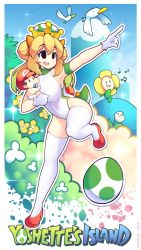 Rule 34 | 10s, 1boy, 1girl, 2018, 4others, absurdres, aged down, armpits, artist name, baby, baby mario, bird, black eyes, blonde hair, blue sky, border, bow, breasts, brown hair, carrying, cloud, commentary, covered navel, crazee dayzee, crown, curvy, dated, day, diaper, double bun, egg, english commentary, fizintine, flower, flying, gloves, goonie, gradient hair, hair bow, hair bun, hat, high heels, highleg, highleg leotard, highres, holding, large breasts, leg up, legs, leotard, long hair, mario, mario (series), mountain, multicolored hair, multiple others, musical note, new super mario bros. u deluxe, nintendo, nipper plant, open mouth, orange bow, outdoors, outline, outside border, pacifier, parody, personification, pointing, pointing forward, princess yoshi, red footwear, red headwear, seagull, shell, shoes, short hair, skindentation, sky, smile, solo focus, sparkle, standing, standing on one leg, super crown, super mario world 2: yoshi&#039;s island, tail, thighhighs, thighs, title parody, turtle shell, white border, white gloves, white leotard, white outline, white thighhighs, yoshette, yoshi